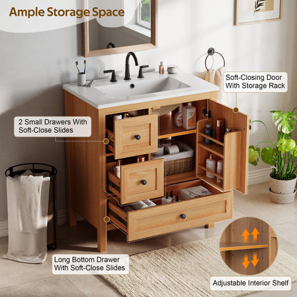 [Video] 30" Wood Grain Bathroom Vanity with Ceramic Sink, Solid Wood Legs, Adjustable Shelf & Full Soft-Close Drawers & Door, Storage Rack, Open Back Design image 9