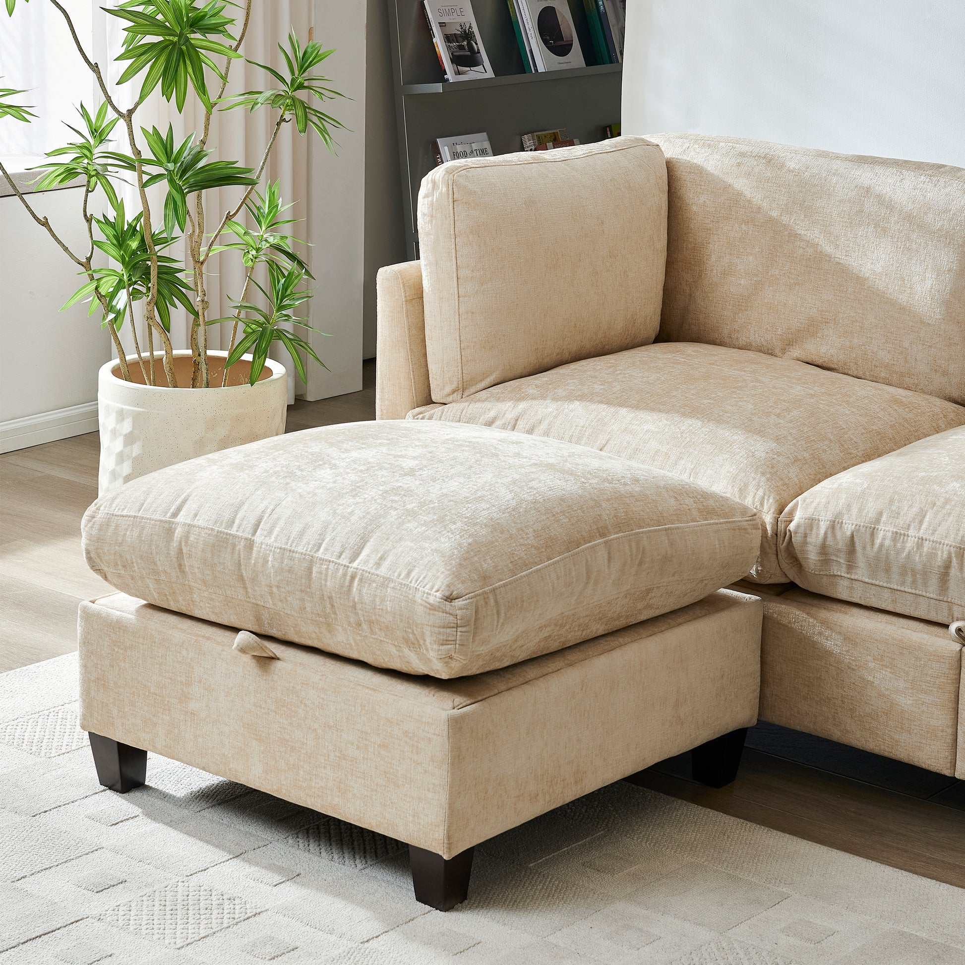 96.5" Sectional Couch for Living room, Upholstered Soft Chenille Fabric Sofa, 3-Seater with One Ottoman L Shape Sofa Light Coffee image 5