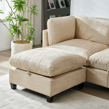 96.5" Sectional Couch for Living room, Upholstered Soft Chenille Fabric Sofa, 3-Seater with One Ottoman L Shape Sofa Light Coffee image 5