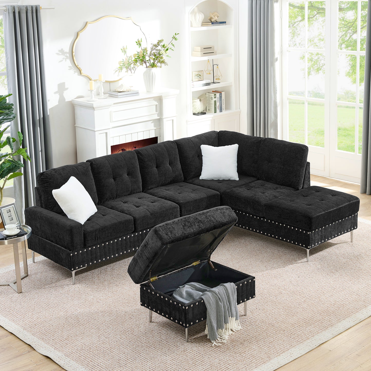 Sectional 3-Seaters Sofa with Chaise, Storage Ottoman, Metal Legs and Copper Nails,Two White Pillows,Black(102" x 76" x35") image 2