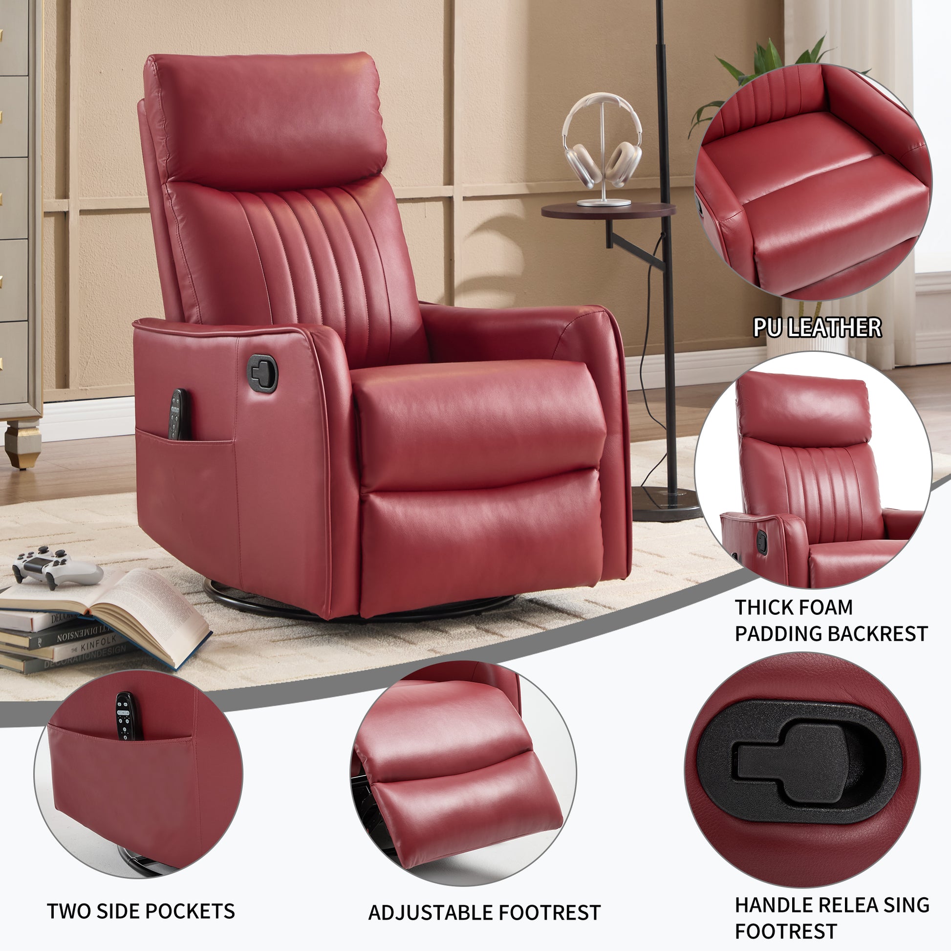 Red Faux Leather Heat Massage Manual Recliner Chair with Rocker and Swivel for Living Room image 10