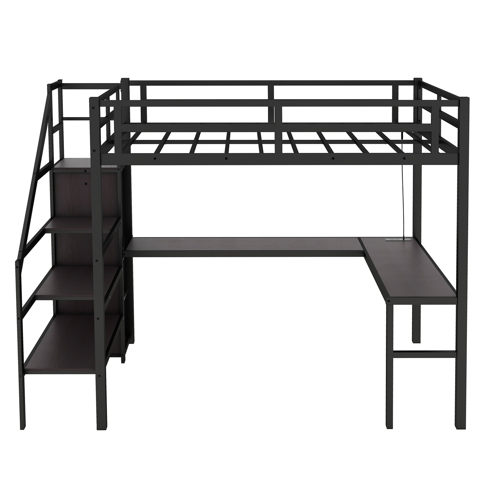 Twin XL Size Loft Bed with L-shaped Desk and USB, Metal Loft Bed with Wardrobe and Adjustable Shelf, High Loft Bed with LED for Kids Teens Adults, Black image 7