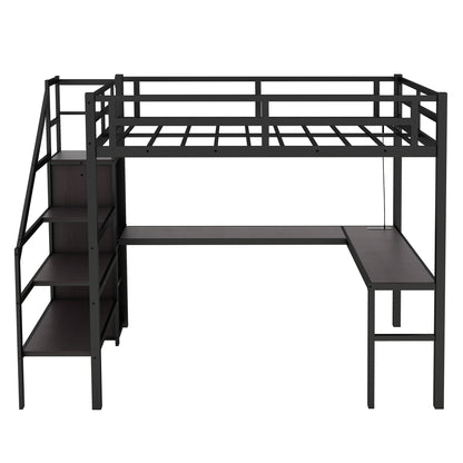 Twin XL Size Loft Bed with L-shaped Desk and USB, Metal Loft Bed with Wardrobe and Adjustable Shelf, High Loft Bed with LED for Kids Teens Adults, Black image 7