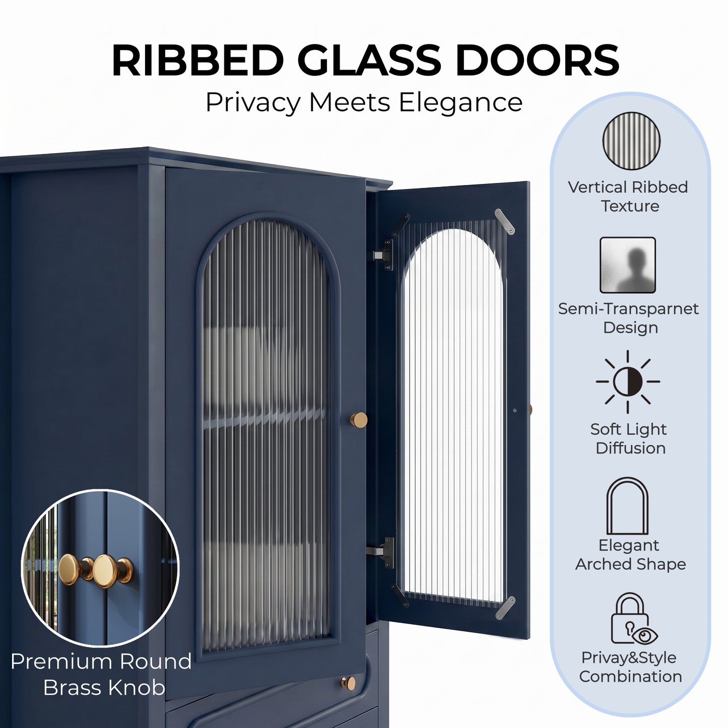 46.5'' Glass Display Cabinet with Ribbed Glass Doors,Wooden Curio Cabinet with 2 Drawers & Adjustable Shelf, Freestanding Buffet Cabinet Unit for Living Room Dining Room, Navy Blue image 8
