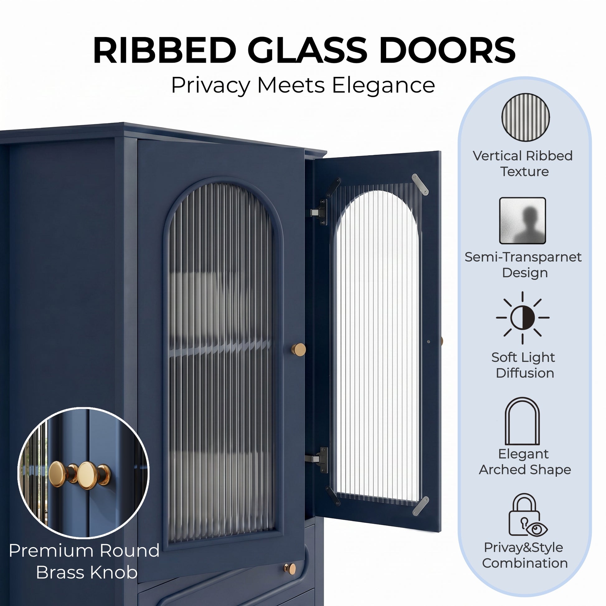 46.5'' Glass Display Cabinet with Ribbed Glass Doors,Wooden Curio Cabinet with 2 Drawers & Adjustable Shelf, Freestanding Buffet Cabinet Unit for Living Room Dining Room, Navy Blue image 8