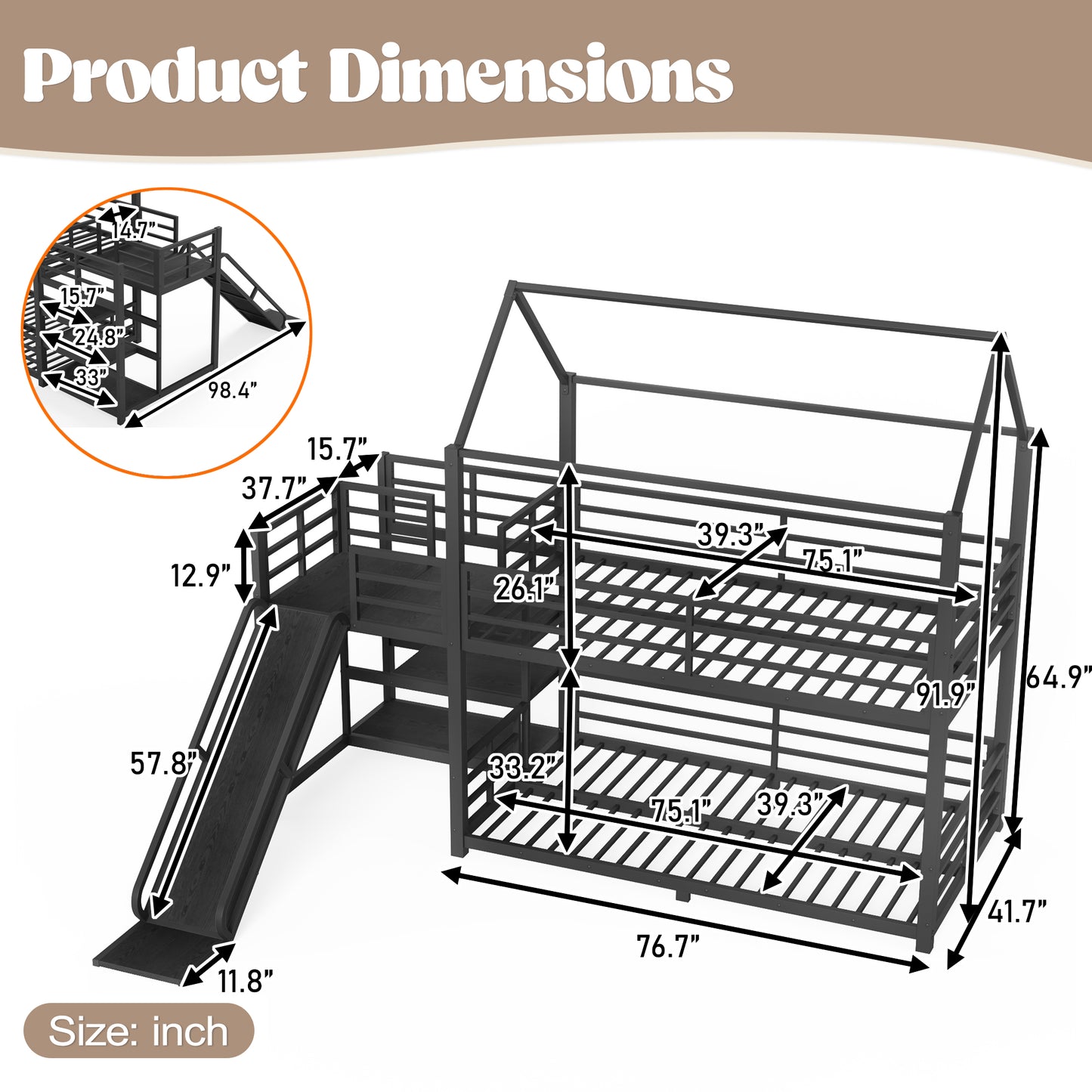 Twin metal House Bunk Bed with Storage Stairs, Slide, Safety Rails, Black image 7