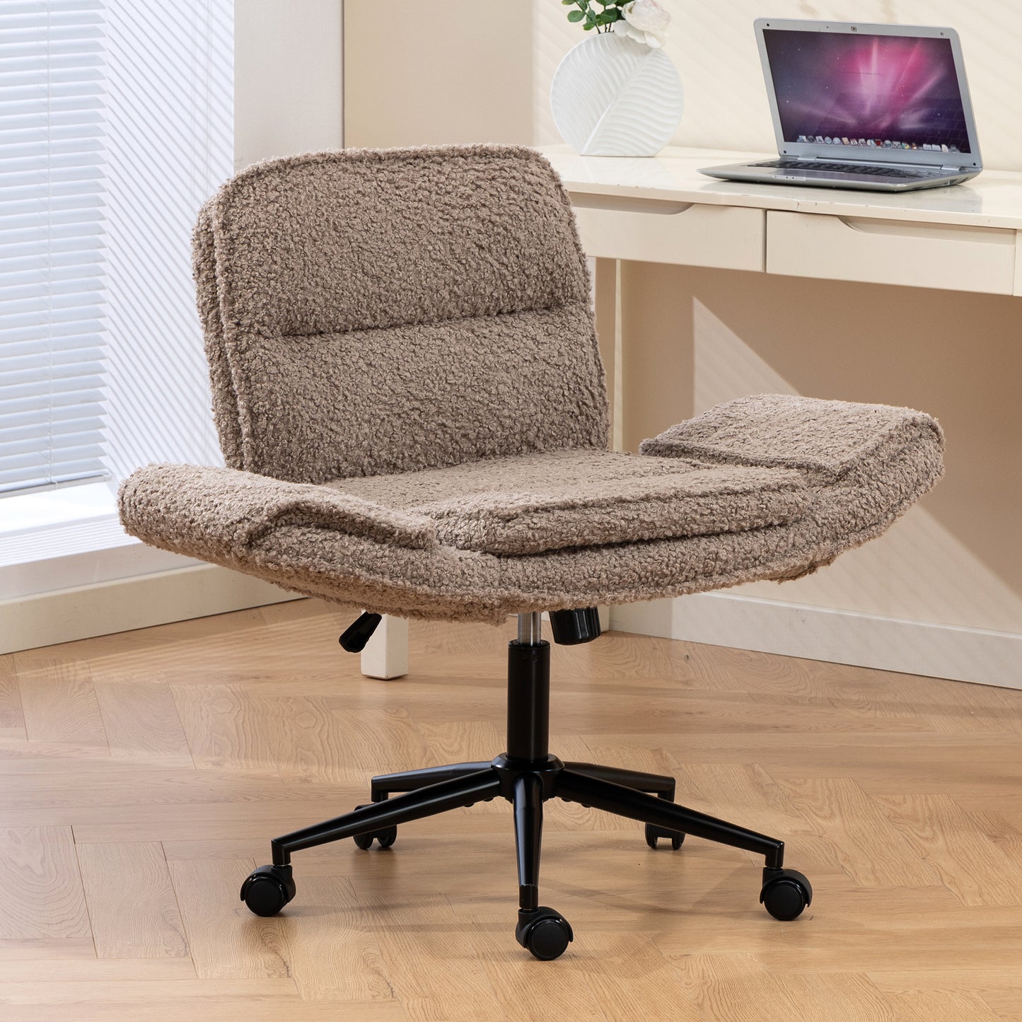 Criss Cross Chair with 5-Gear Adjustable Armrests & Wheels, Ergonomic Thickened Backrest Swivel Desk Chair for Home Office, Vanity, Bedroom and Living Room,brown Teddy fleece image 8