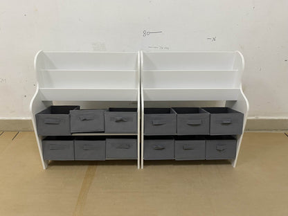 Kids Bookshelf with 6 Fabric Storage Bins, Multi-Functional Children's Bookcase and Toy Organizer, Front-Facing Display Shelf for Playroom, Bedroom or Nursery - White & Gray image 2