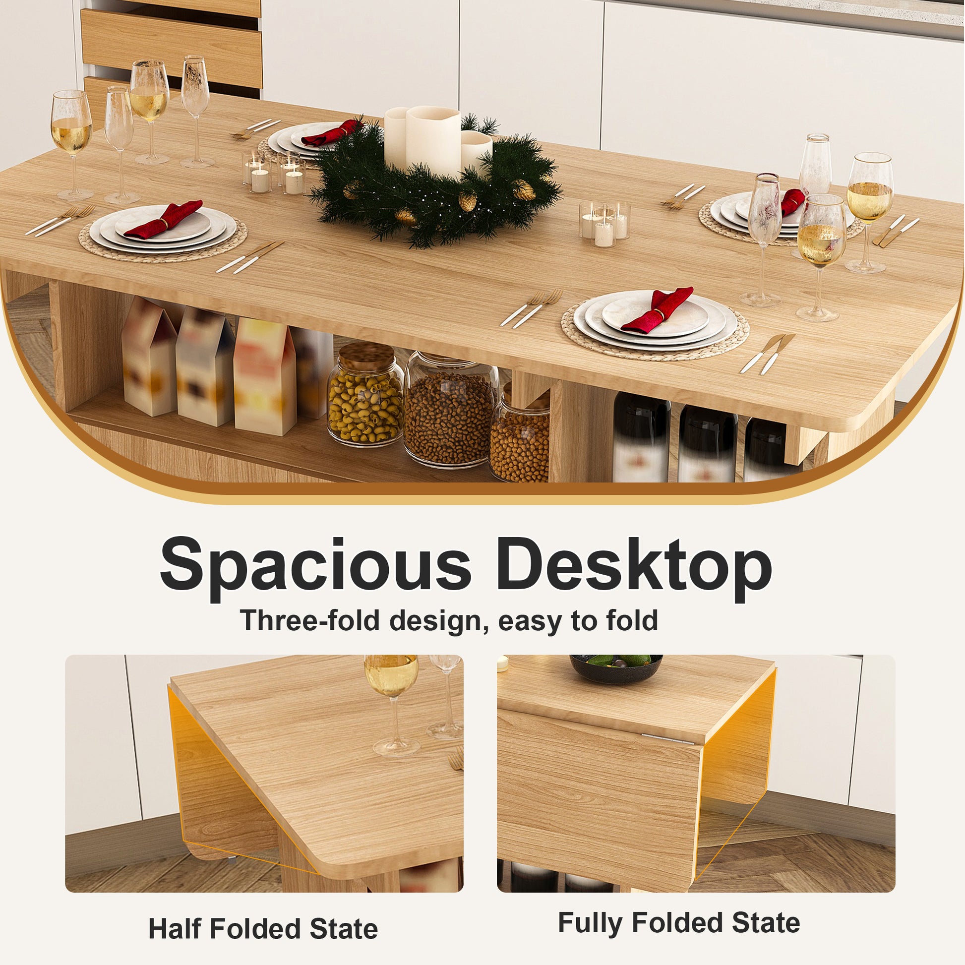 Multi-Functional Folding Table with Storage Shelves and Wheels, 47 Inch Foldable Dining Table for Small Spaces, Compact Desk for Kitchen, Dorm, Office image 10