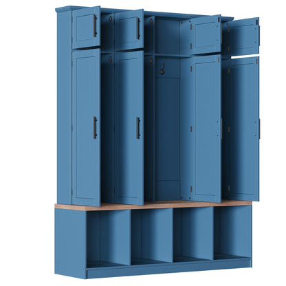 Farmhouse Hall Tree with 4 Hidden Hanging Hooks, Versatile Walnut Seating Bench with 8 Doors, Entryway Shoe Cabinet with Open Compartment for Living Room, Blue (OLD SKU:N721S000059C) image 11