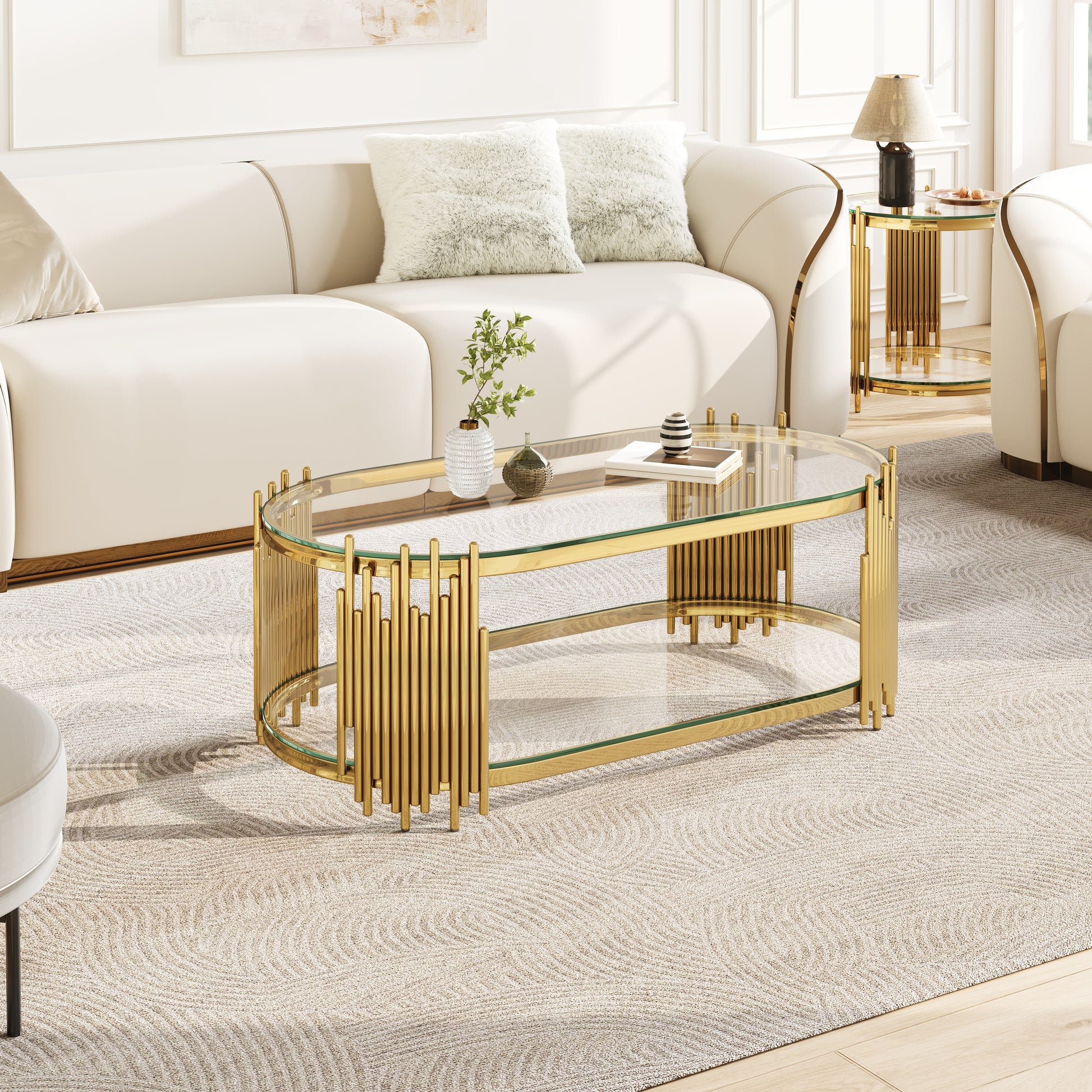 Luxury Gold Coffee Table with 2-Tier Tempered Glass Shelves, Modern Oval Center Table for Living Room, Polished Stainless Steel Frame, Artistic "Organ Pipe" Design, 47" x 23.6" x 17.7" image 2