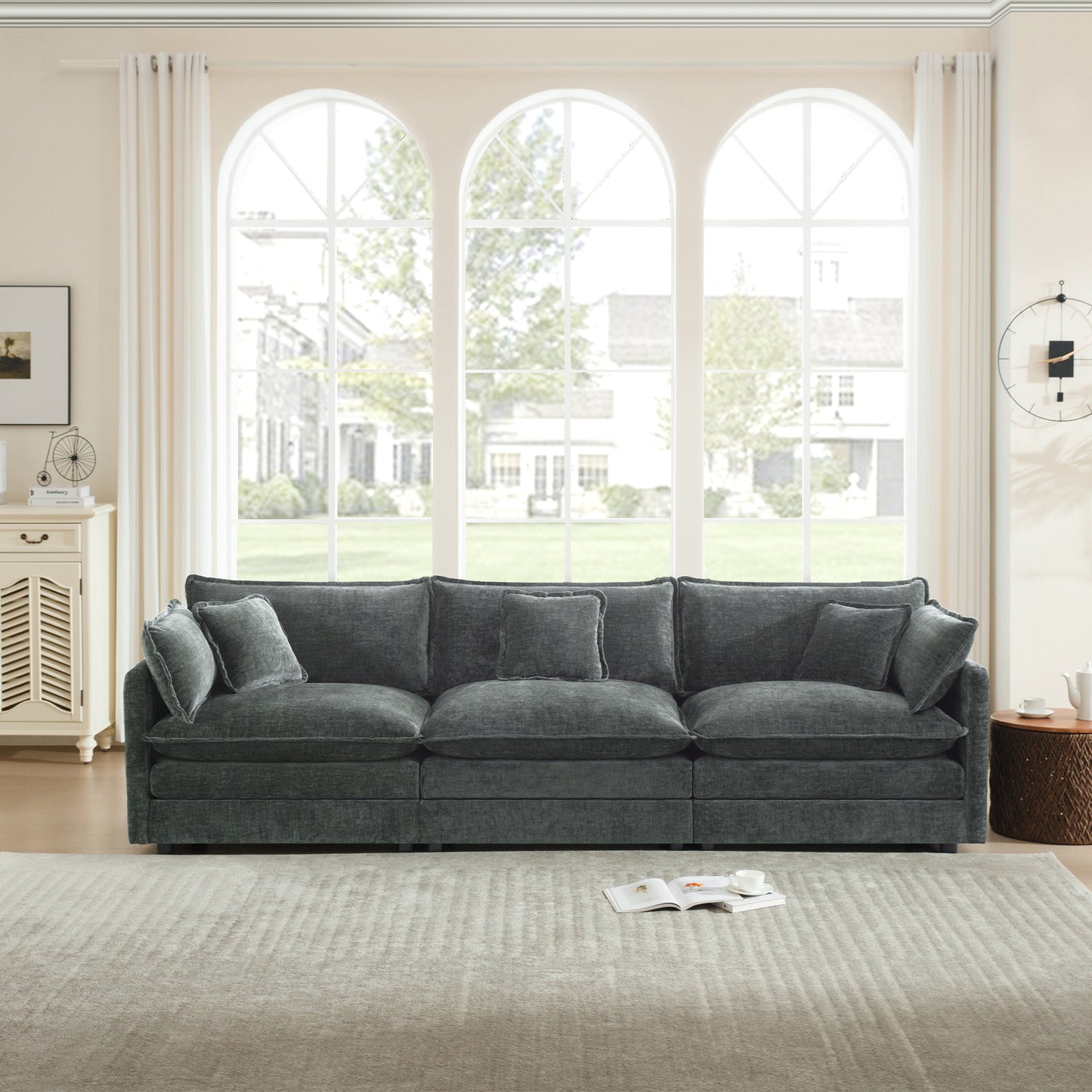 Mid-Century Modern Couch 3-Seater Sofa with 2 Armrest Pillows and 3 Toss Pillows, Couch for Living Room Gray Chenille image 2
