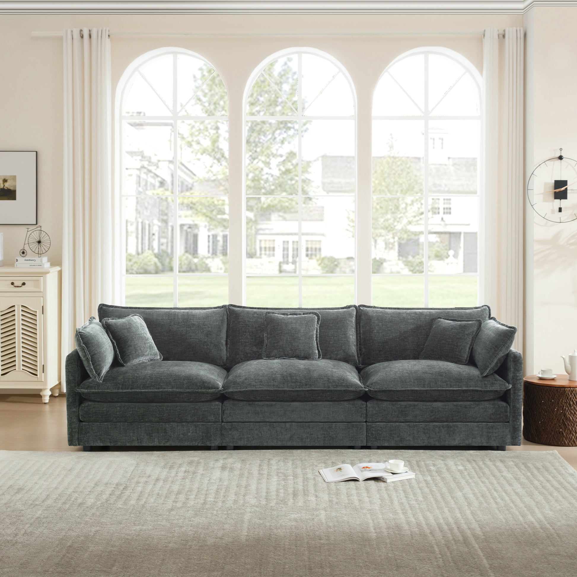 Mid-Century Modern Couch 3-Seater Sofa with 2 Armrest Pillows and 3 Toss Pillows, Couch for Living Room Gray Chenille image 2
