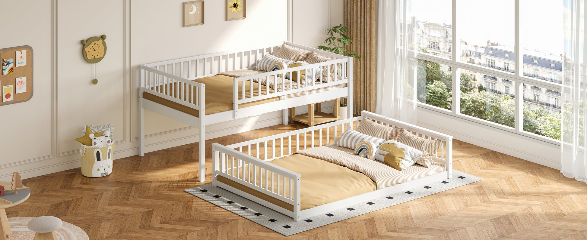 Full XL over Queen Bunk Bed with Ladder and Guardrails, White image 9