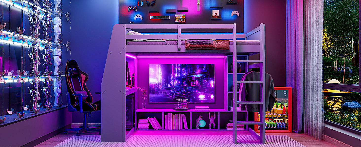 Wood Full Size Gaming Loft Bed with Desk, Multi-storage Shelves, LED and a Hanging Clothes Rack, Gray(Old SKU:N7090001042E) image 9