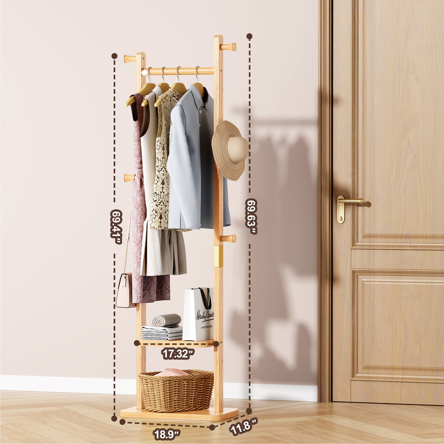 Coat Racks solid wood hanger 18.9* 11.8*71in Solid environmental protection easy to assemble beautiful can be placed in the bedroom/entrance/living room (wood color) image 6
