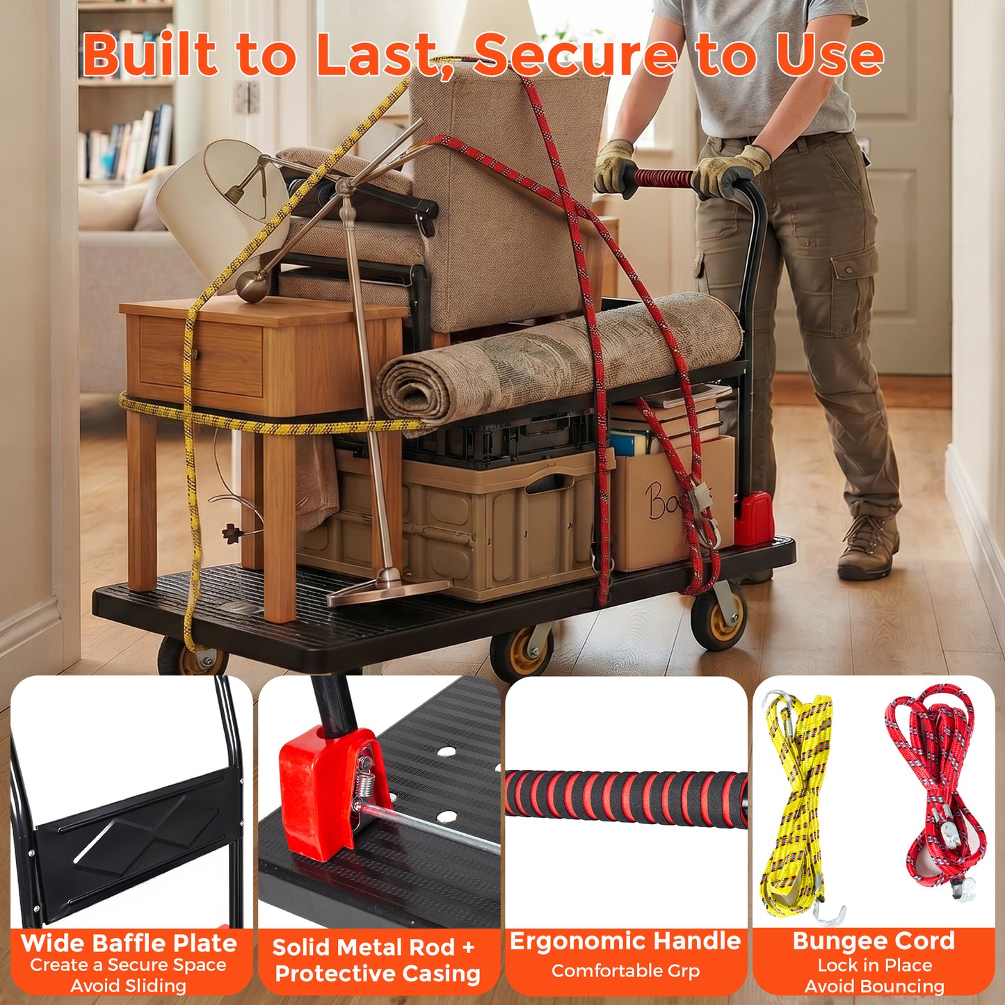 25.5"x43.5" Platform Truck, Foldable Handcart with 5'' TPR 360-Degree Silent Wheels, 1500lbs Heavy-Duty Push Dolly Cart, 5 Steel Load-Bearing Beams for Warehouse Garage Home Use image 3