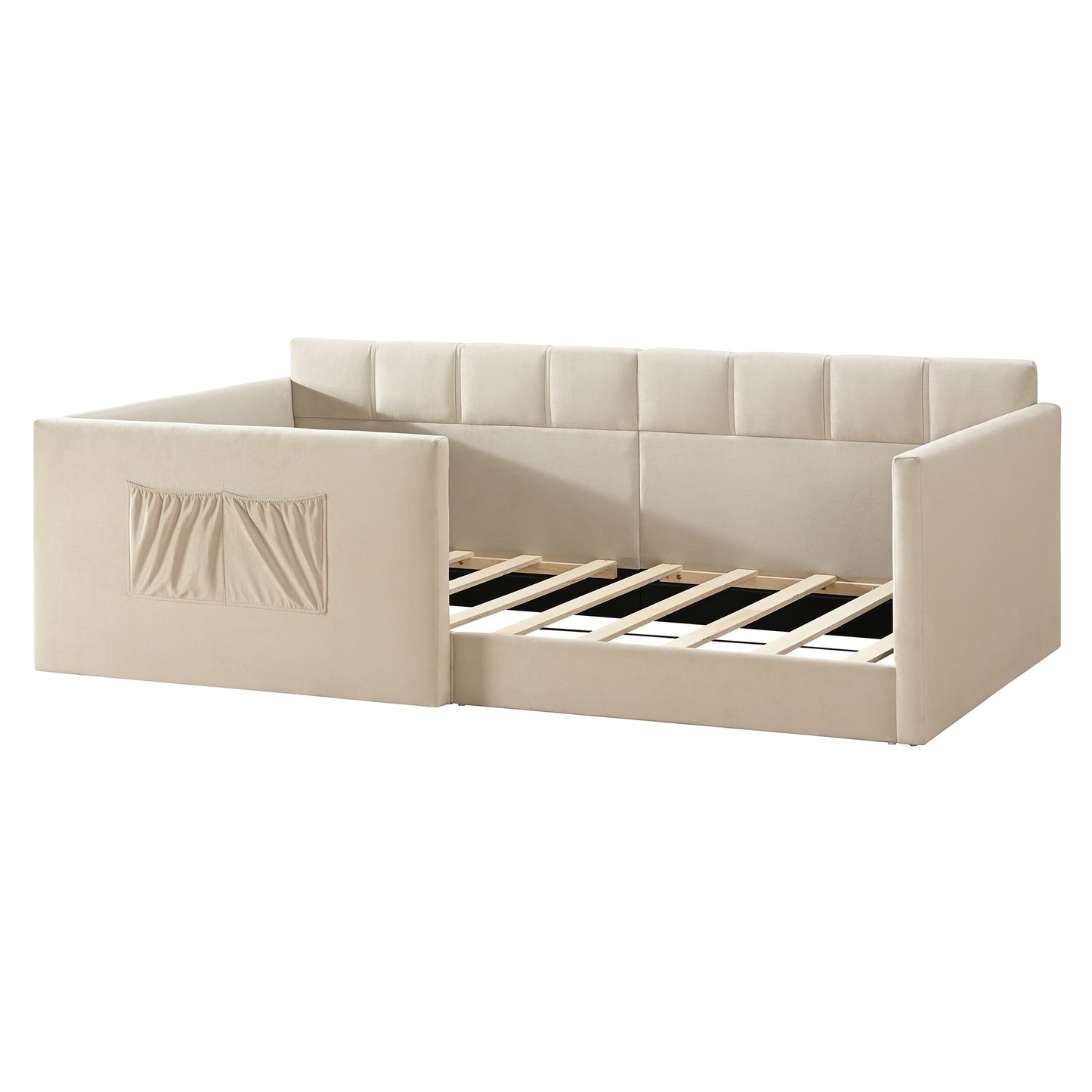 Twin Size Daybed Velvet Upholstered Sofa Bed with High Side Panels and Side Entrance, Space-Saving Guest Bed with Storage Pockets, Beige image 11