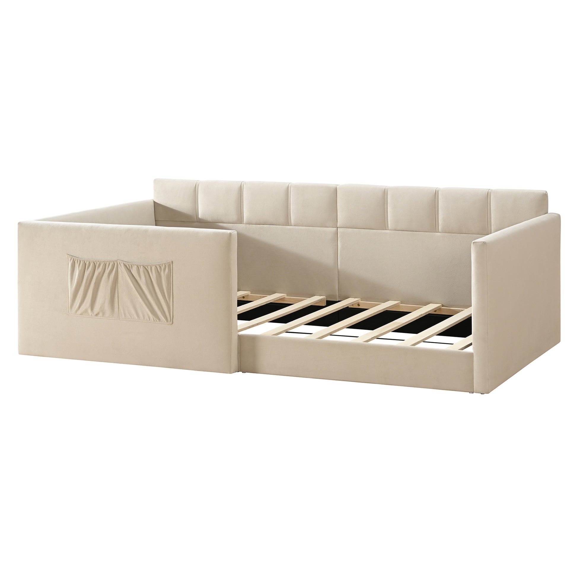 Twin Size Daybed Velvet Upholstered Sofa Bed with High Side Panels and Side Entrance, Space-Saving Guest Bed with Storage Pockets, Beige image 11