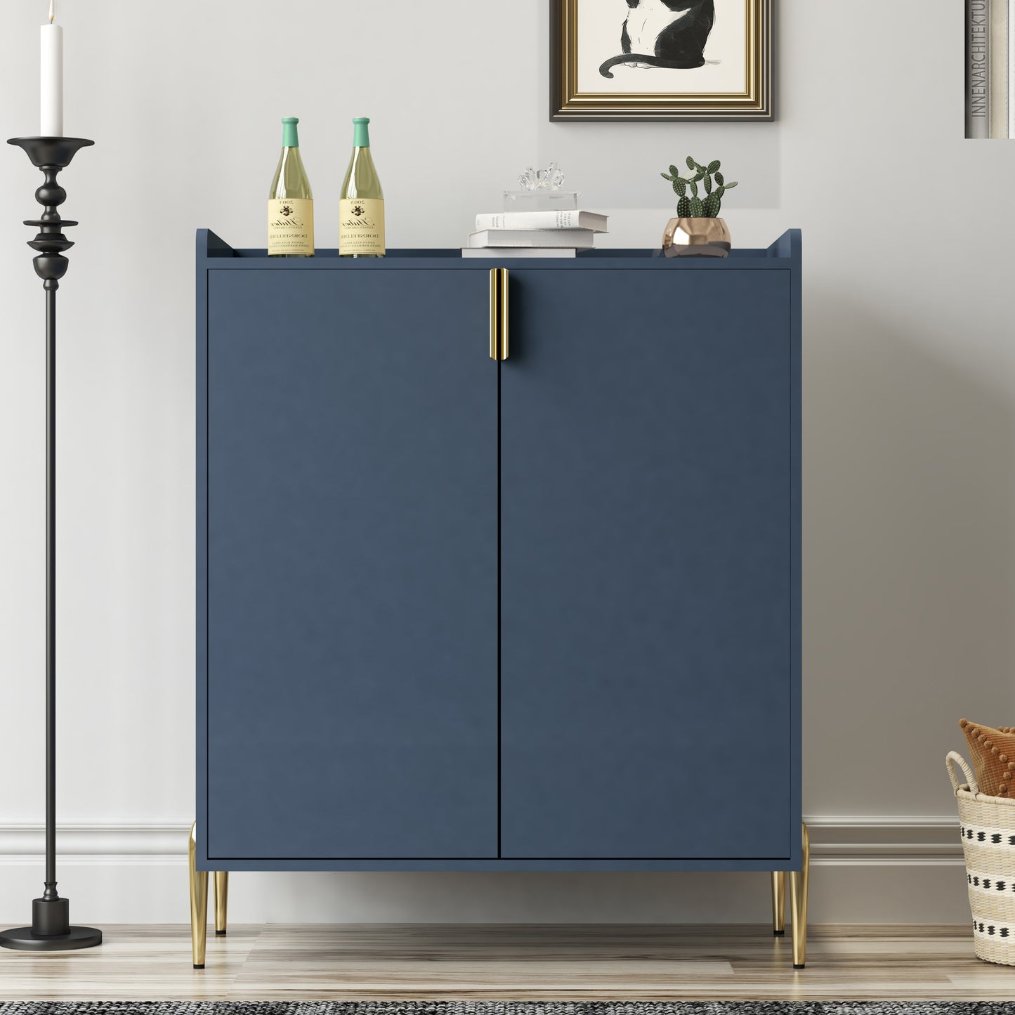2 doors home wine bar cabinet with wine rack & adjustable storage shelf, modern sideboard with soft-closing hinge, dinning room buffet cabinet, Liquor Cabinet kitchen, living room coffee cart Blue image 1