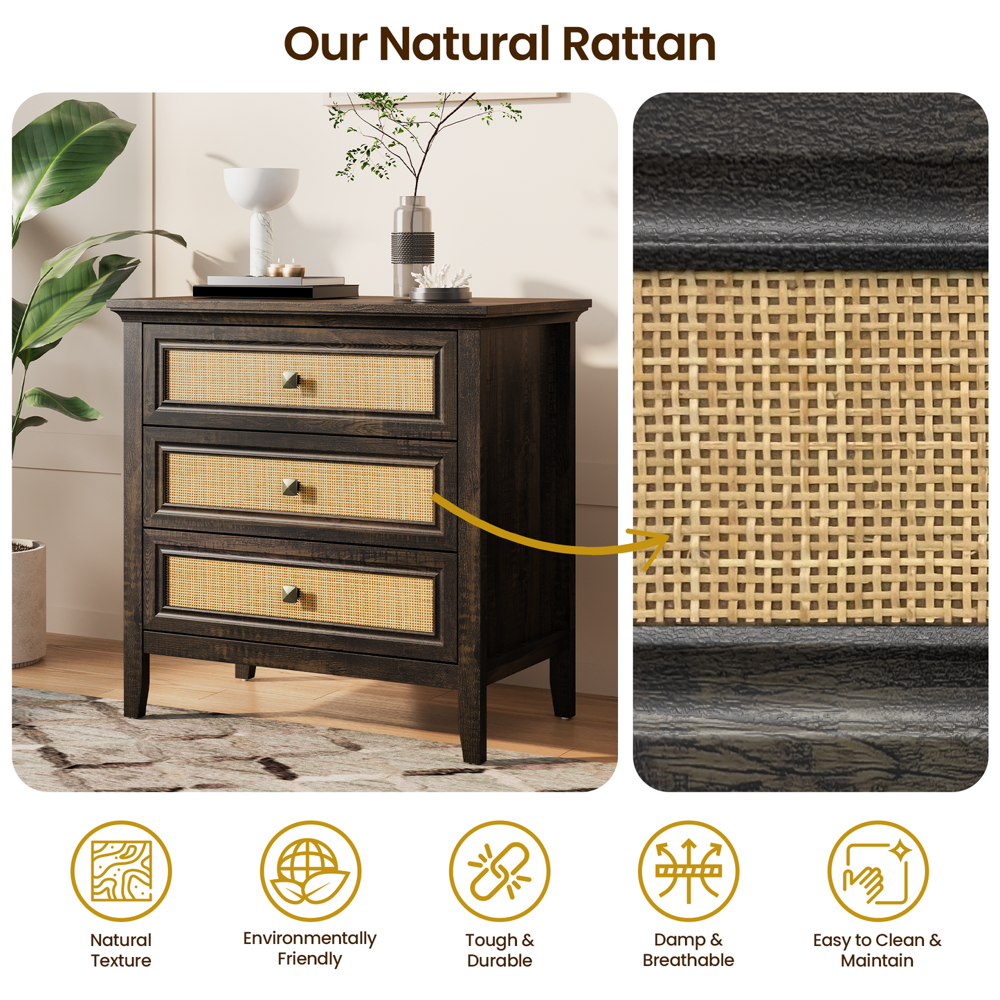 3 Drawer Dresser Rattan Dresser Wood Chest of Drawers Farmhouse Closet Dressers Modern Bedside Table Rustic Nightstand Storage Cabinet for Bedroom, Hallway, Living Room, Dark Rustic Oak image 8