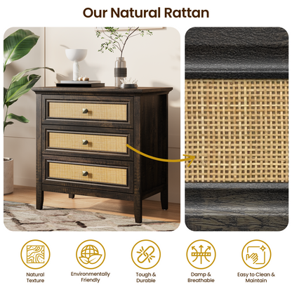3 Drawer Dresser Rattan Dresser Wood Chest of Drawers Farmhouse Closet Dressers Modern Bedside Table Rustic Nightstand Storage Cabinet for Bedroom, Hallway, Living Room, Dark Rustic Oak image 8
