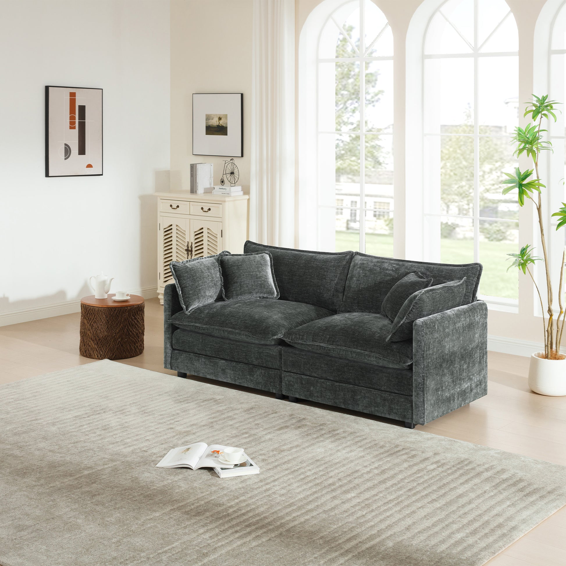 Modern Fabric Loveseat Sofa Couch for Living Room, Upholstered Large Size Deep Seat 2-Seat Sofa with 4 Pillows,Gray Chenille image 1