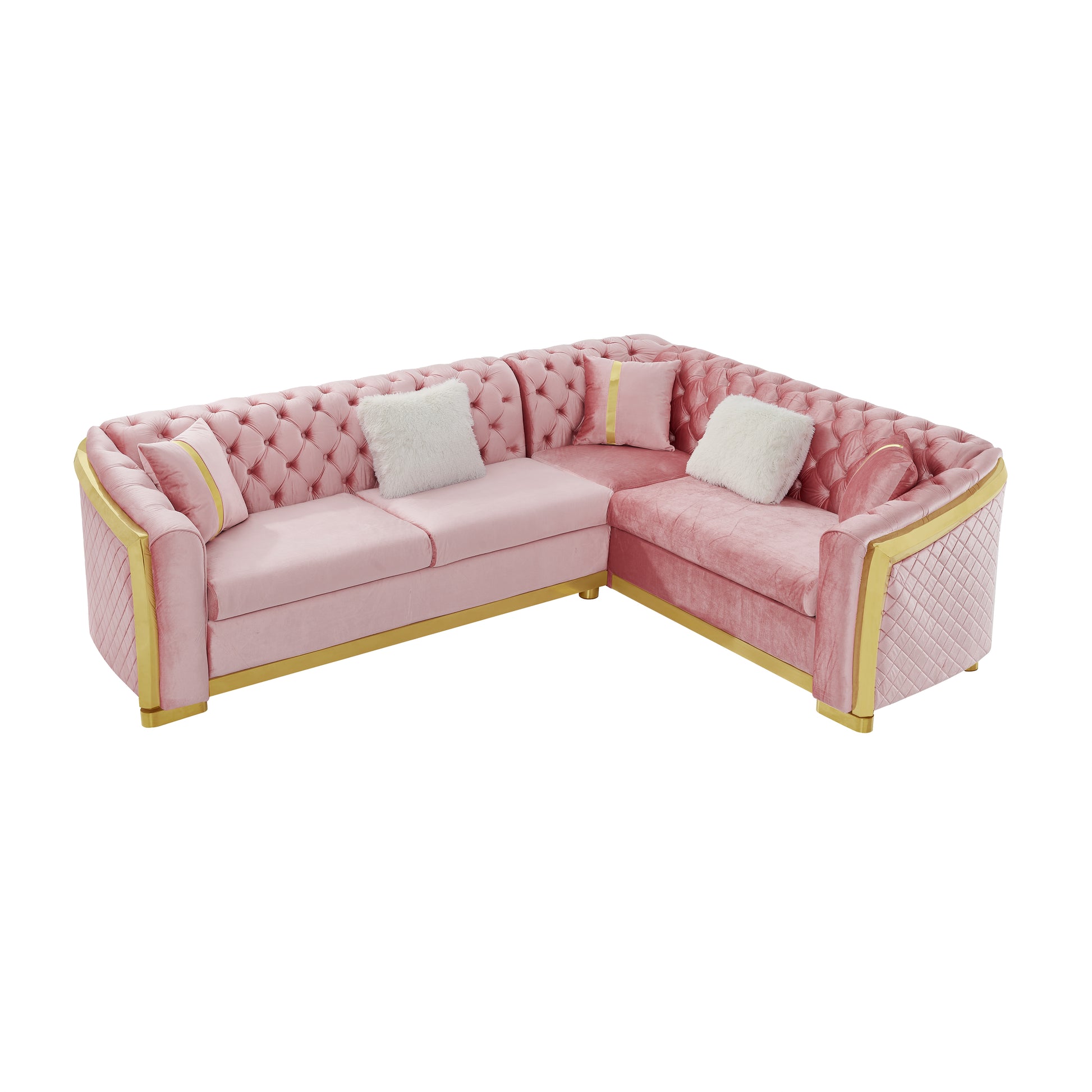 106 Inches L-Shaped Chesterfield Sectional Sofa Set with Gold Stainless Steel Accents, Velvet Button Tufted Sofa with 5 Pillows Luxury Couch for Living Room, Pink image 11