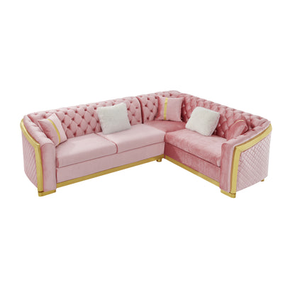 106 Inches L-Shaped Chesterfield Sectional Sofa Set with Gold Stainless Steel Accents, Velvet Button Tufted Sofa with 5 Pillows Luxury Couch for Living Room, Pink image 11