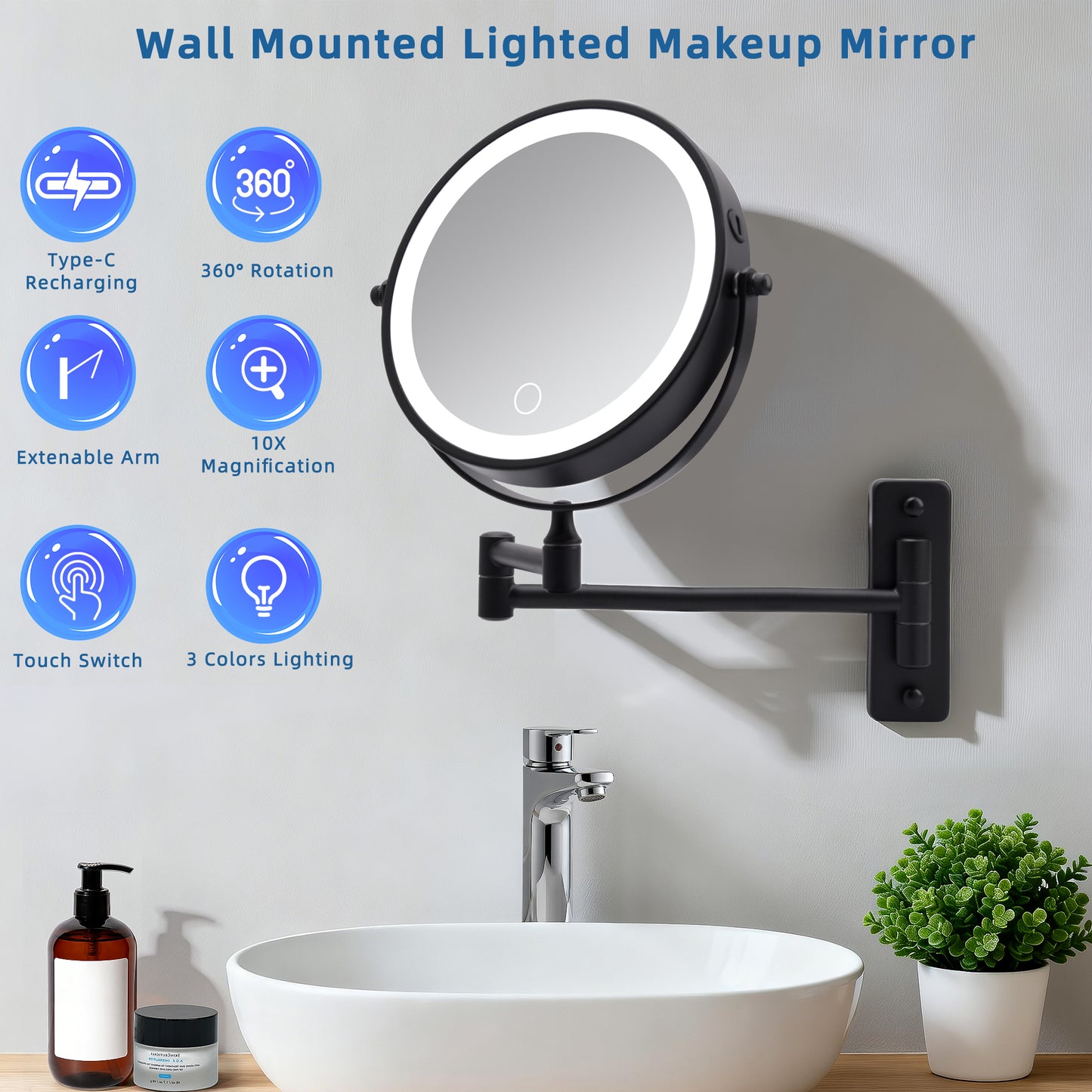Wall Mounted Lighted Makeup Mirror, 1000mAh Rechargeable Double Sided 1X/10X Magnifying Mirror with Light,3 Color Lights,Touch Dimmable, Extended Arm 360 Rotation Wall Mounted Makeup Mirror image 7