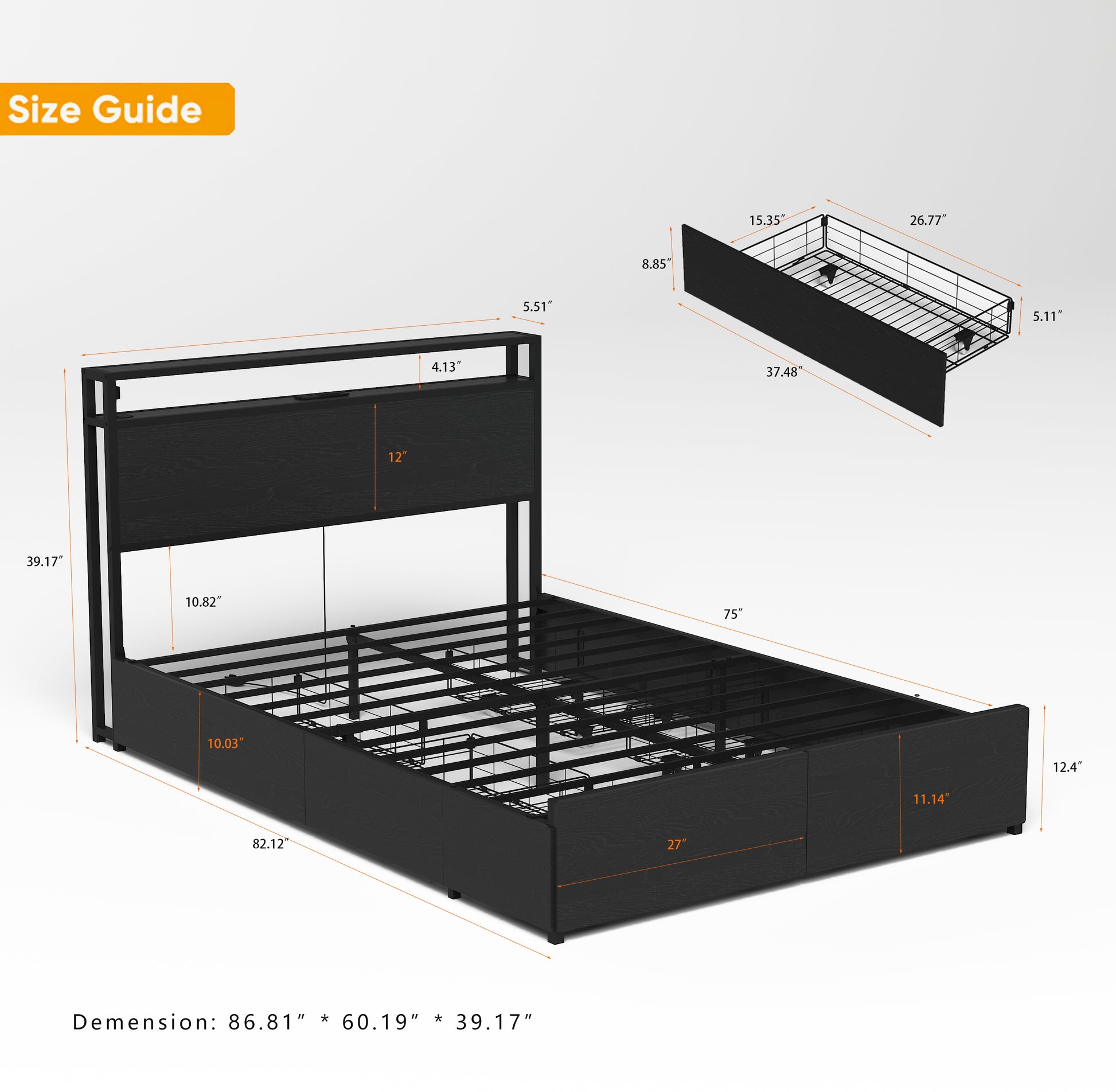 Full Bed Frame, Storage Headboard with Charging Station, Solid and Stable, Noise Free, No Box Spring Needed, Easy Assembly image 4