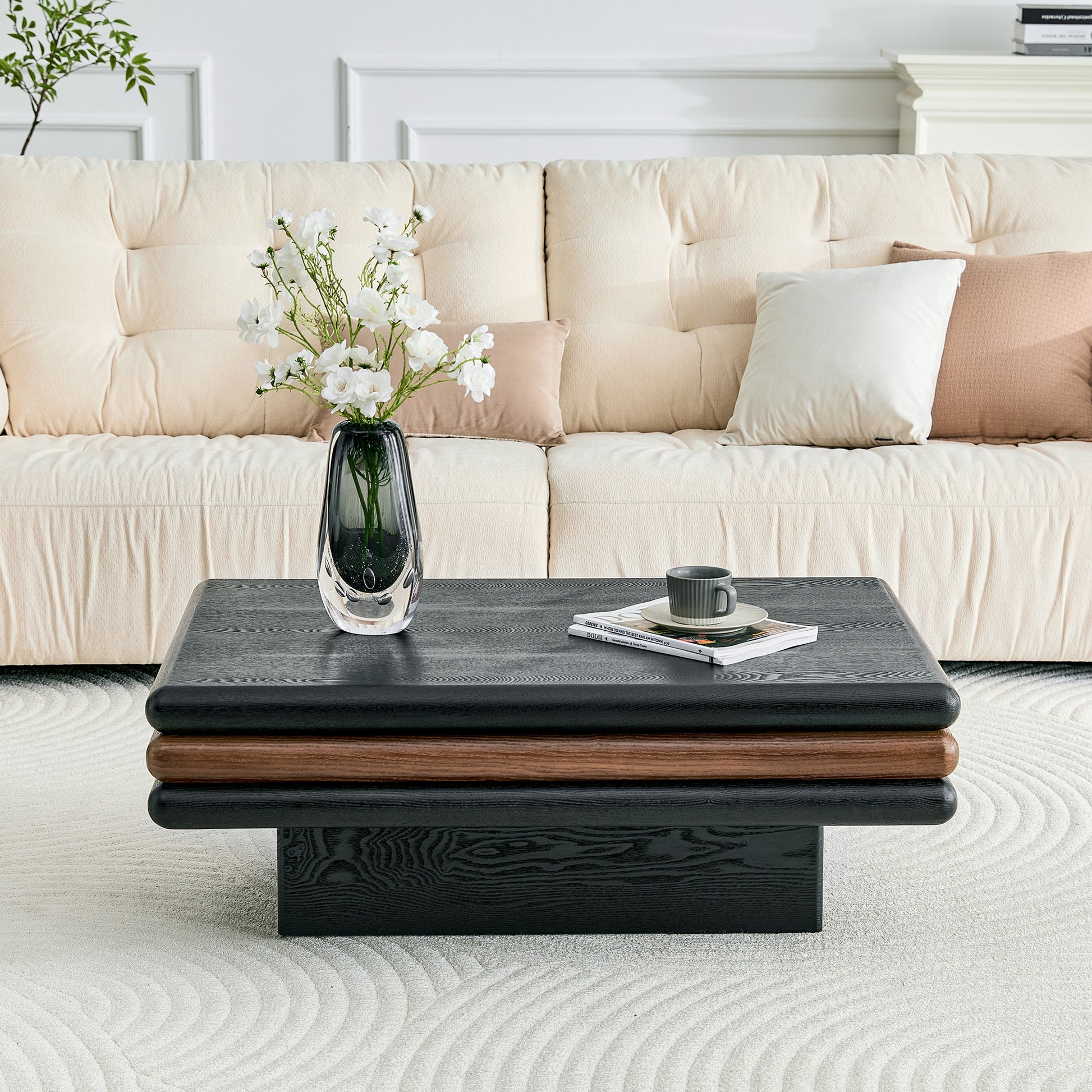 Modern 3-Tier Stacked Rectangular Coffee Table, MDF with Wood Veneer, Walnut & Black Accent Center Table for Living Room image 1