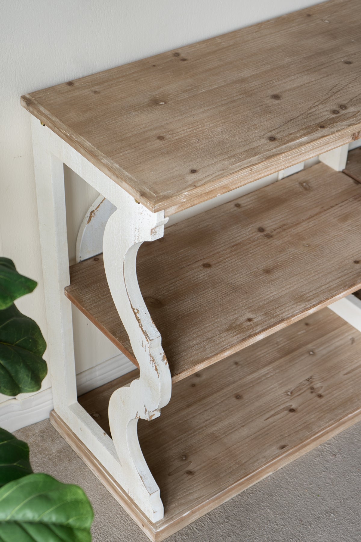 64.2x16.5x33.5" Three-Tiered Wooden Console Table with Cut-Out Patterns, Brown/White image 6