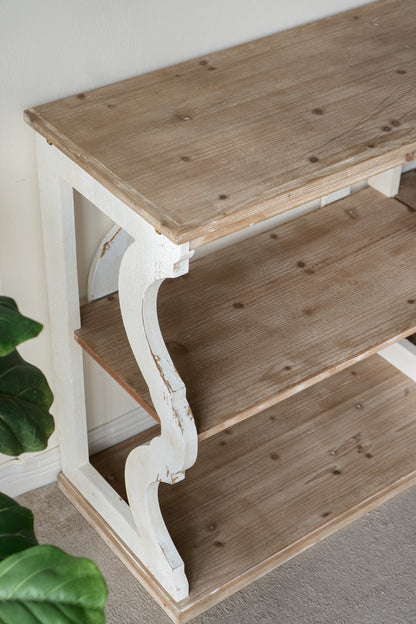 64.2x16.5x33.5" Three-Tiered Wooden Console Table with Cut-Out Patterns, Brown/White image 6