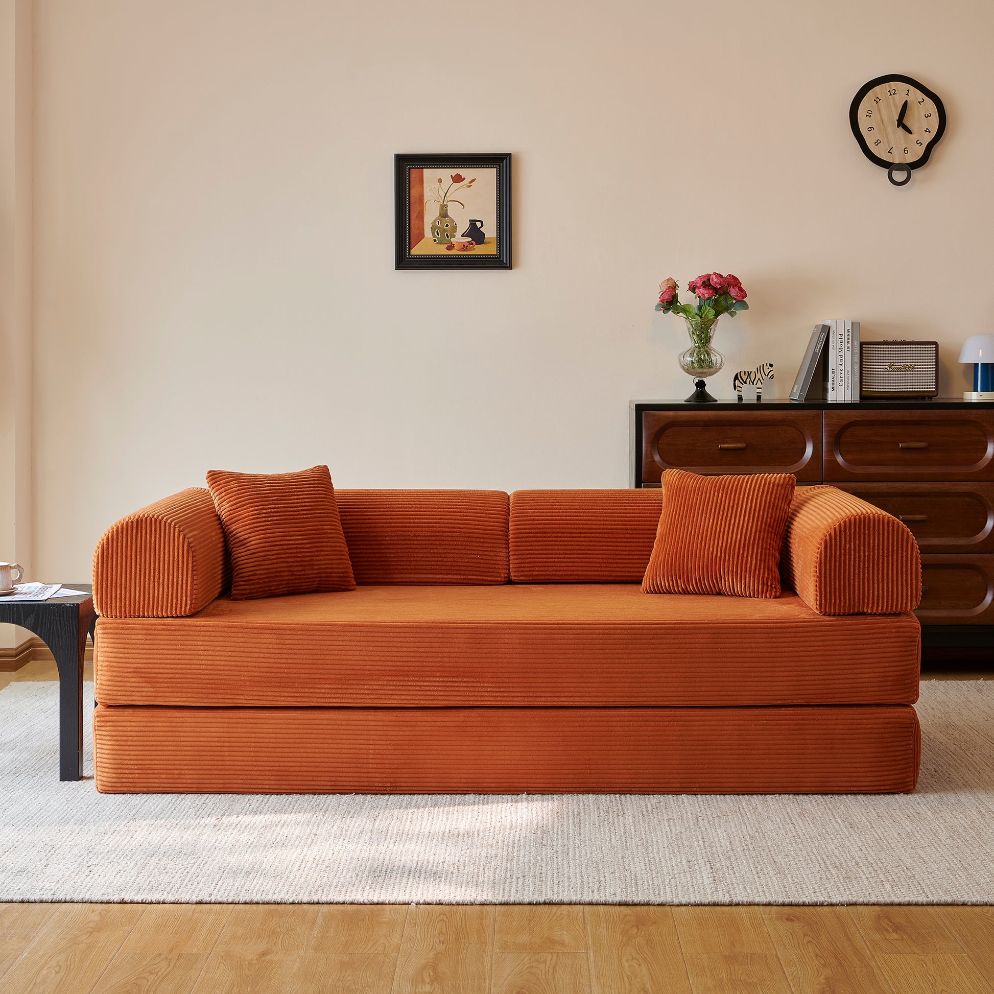 78.8" Compression Sofa,Convertible Floor Sofa Bed-with Pillow Back Support Armrest,Comfy Futon Couch Sleeper Bed,Loveseats Boneless Modular Sectional Sofa,Corduroy fabric,for Living Room,Bedroom image 2