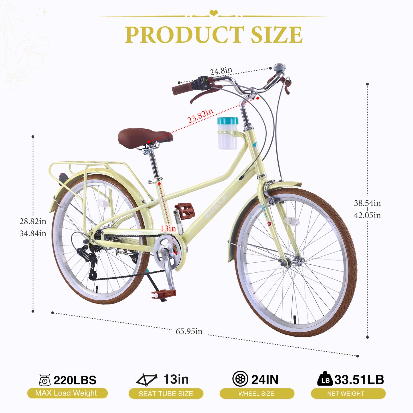 24 Inch Women's Cruiser Bike,6 Speed Step-Through Commuter Bicycle with Rear Rack & Cup Holder, Adult City Bike image 6