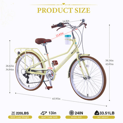 24 Inch Women's Cruiser Bike,6 Speed Step-Through Commuter Bicycle with Rear Rack & Cup Holder, Adult City Bike image 6