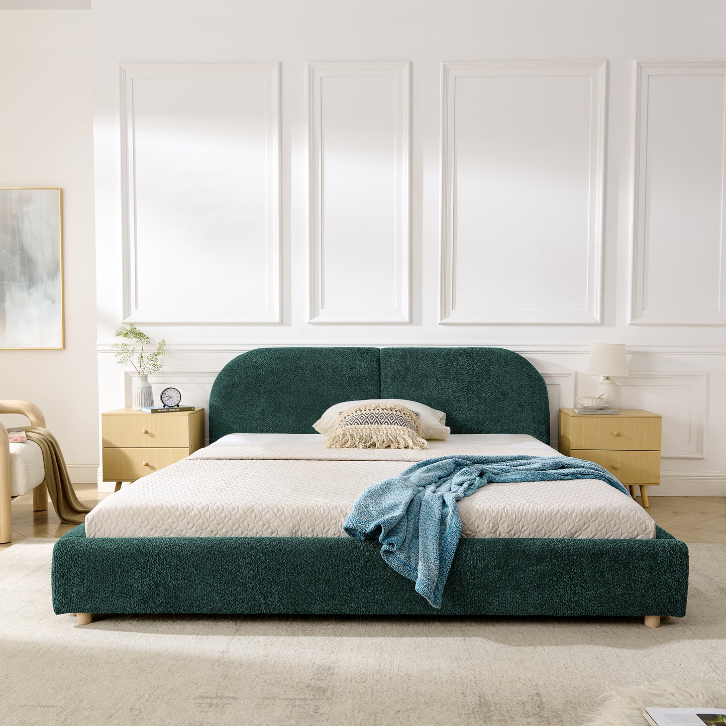 Queen Size Upholstered Bed Frame, Modern Minimalist Style with Tall Curved Headboard, Premium Circle Yarn Fabric & Sturdy Leg Support, Mattress Not Included-Green image 3