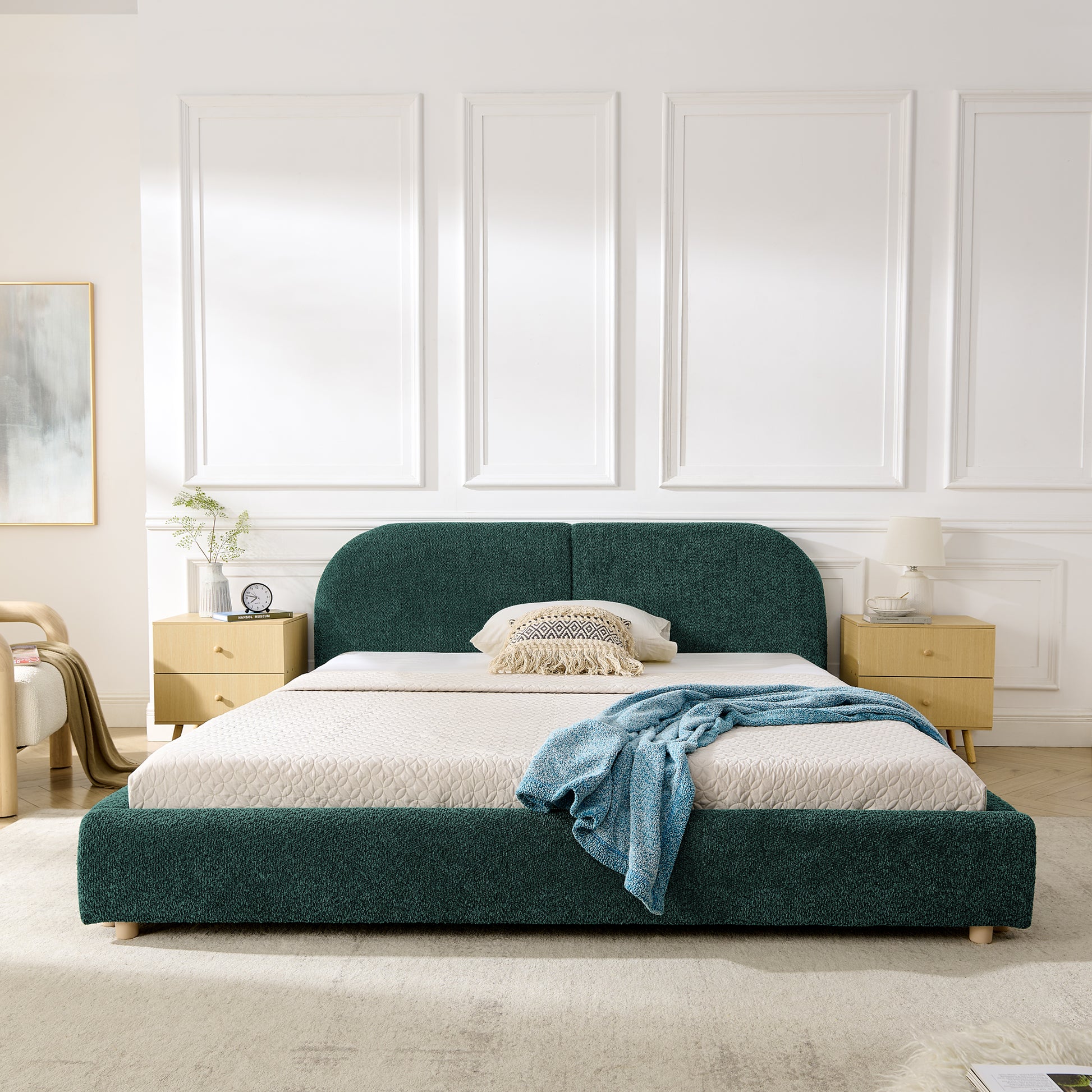Queen Size Upholstered Bed Frame, Modern Minimalist Style with Tall Curved Headboard, Premium Circle Yarn Fabric & Sturdy Leg Support, Mattress Not Included-Green image 3