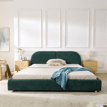 Queen Size Upholstered Bed Frame, Modern Minimalist Style with Tall Curved Headboard, Premium Circle Yarn Fabric & Sturdy Leg Support, Mattress Not Included-Green image 3