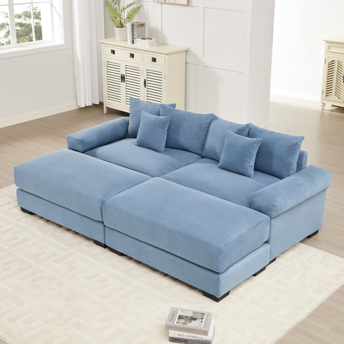 82.6" Oversized Cloud Modular Sectional Couch, Soft Corduroy Fabric With An Ottoman,Deep Seat Wide Armrests, Ergonomic Design Easy Assembly,Soft Corduroy,For Living Rooms Lounges,Blue image 1