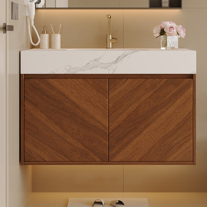 30" Modern Wall-Mounted Bathroom Vanity with Ceramic Sink – Brown Oak, Soft-Close image 2