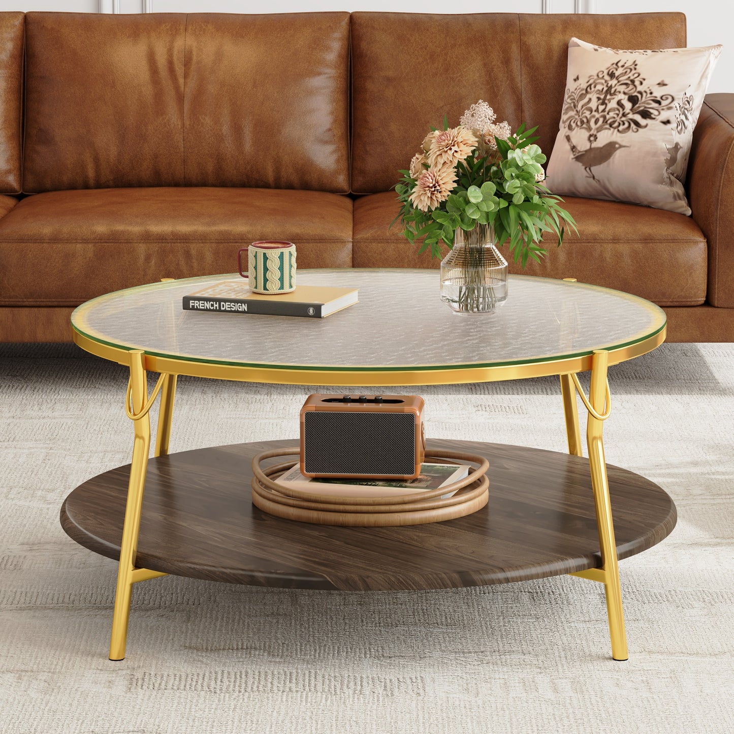 Modern Round Walnut 2-Tiered Coffee Table with Glass Top and Gold Base for Living Room, 29.9" image 7