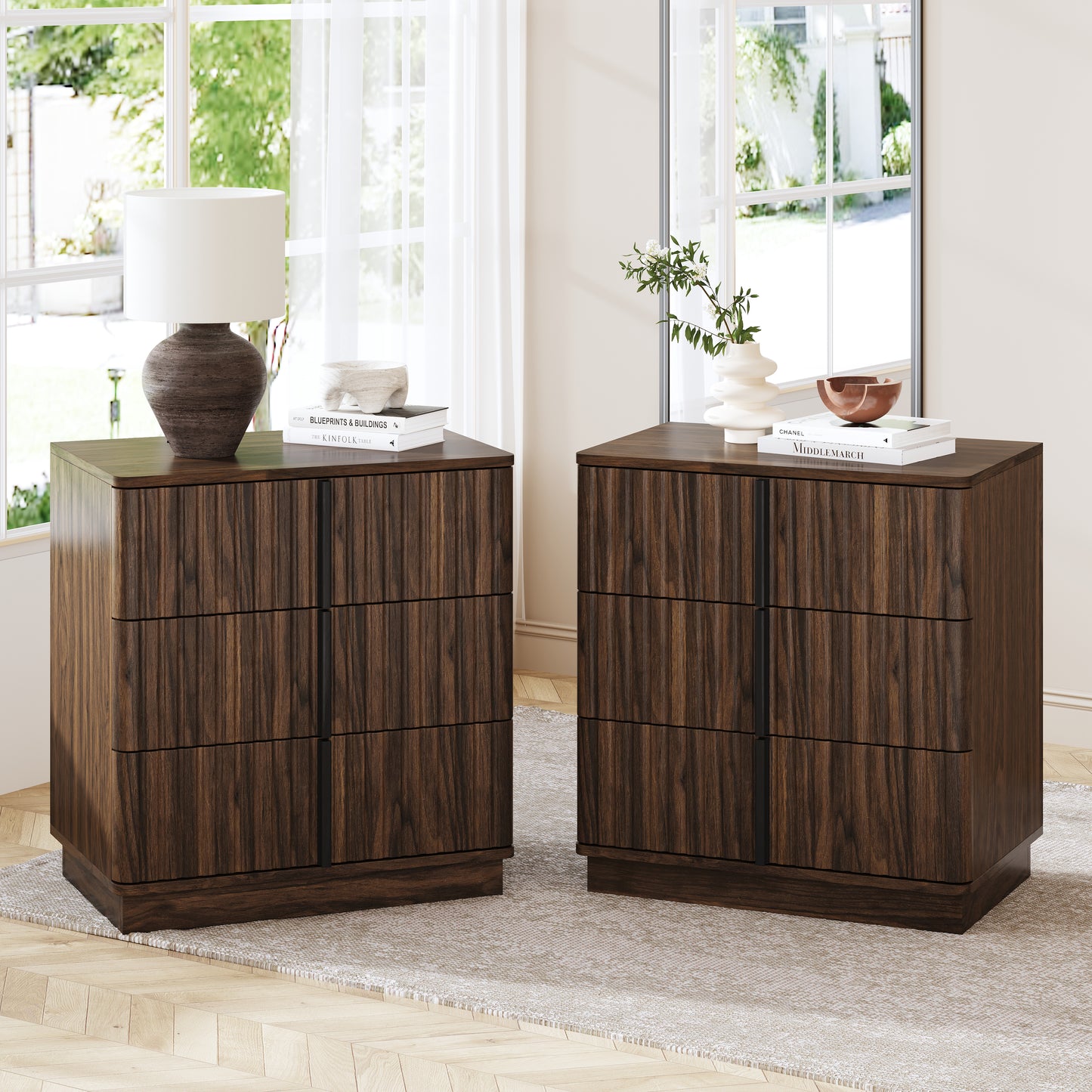 25.39"Vertical Stripe Vintage 3 Drawer Nightstand Cost-Effective Retro Cabinet Furniture Modern Coffee Table,Suitable for Bedroom,Living Room and Home Office,Walnut(Set of 2) image 2