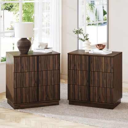 25.39"Vertical Stripe Vintage 3 Drawer Nightstand Cost-Effective Retro Cabinet Furniture Modern Coffee Table,Suitable for Bedroom,Living Room and Home Office,Walnut(Set of 2) image 2