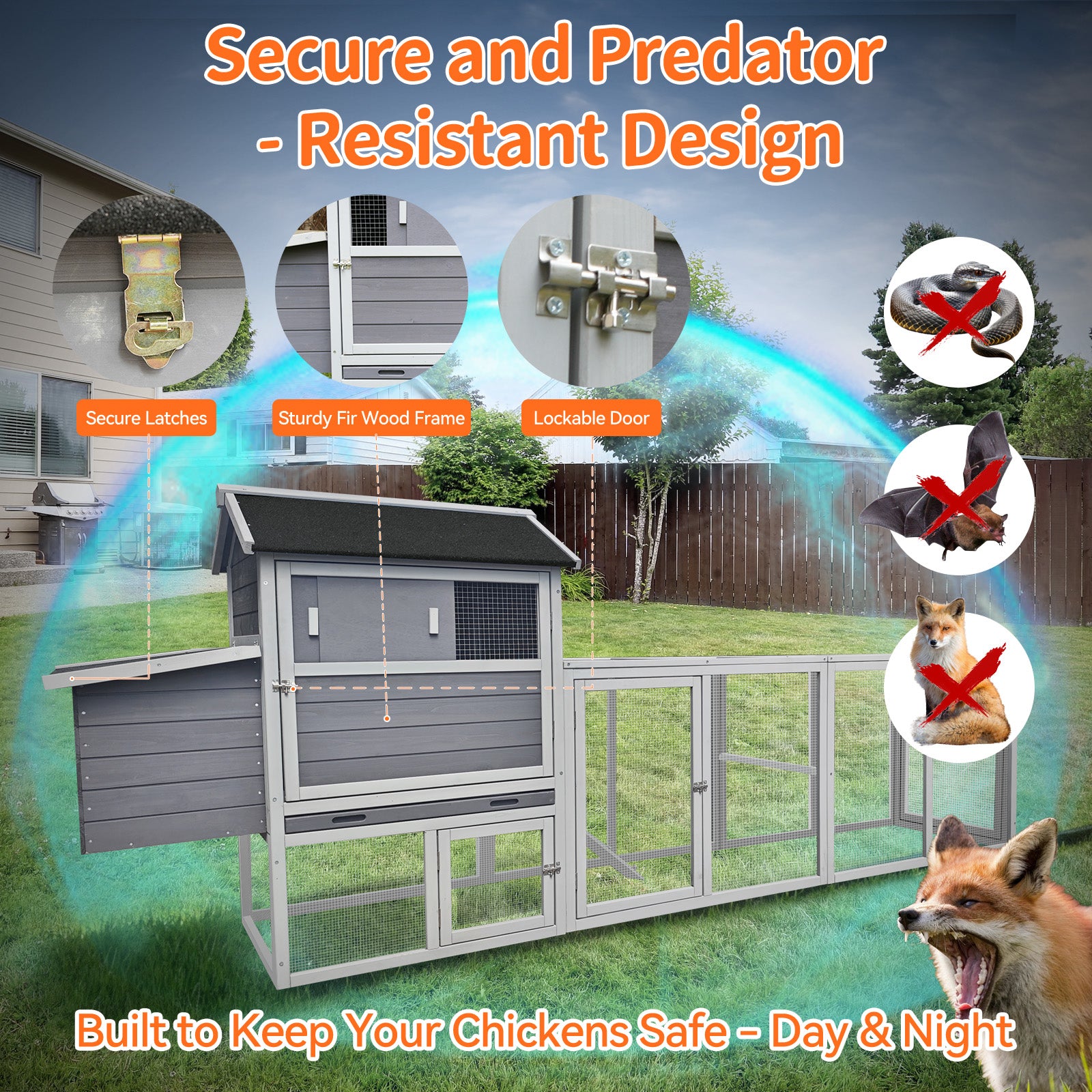 Gray Wooden Chicken Coop, Large Outdoor Hen House with Run and Nesting Box Poultry Cage, Rabbit Hutch, Waterproof Anti-UV Panel for Backyard image 10