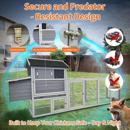 Gray Wooden Chicken Coop, Large Outdoor Hen House with Run and Nesting Box Poultry Cage, Rabbit Hutch, Waterproof Anti-UV Panel for Backyard image 10