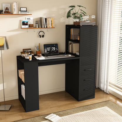 Black Computer Desk with 4-in-1 Socket, the Desk with 3 Slide Drawers and 4 Storage Levels, the Wooden Desk is Suitable for a Variety of Places image 2