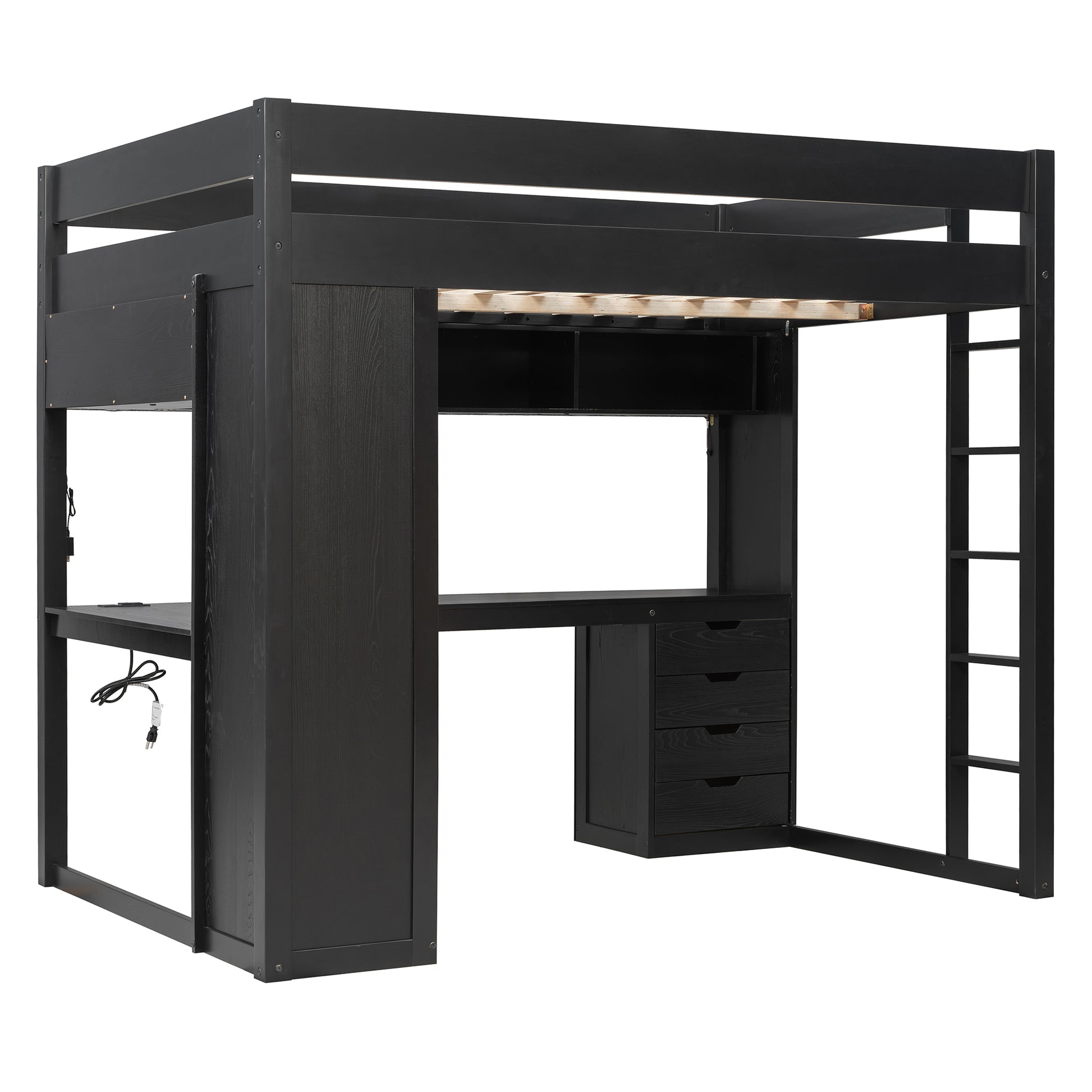 Full Size Solid Wood Loft Bed with L-Shaped Desk and 4 Drawers, Ash Veneer High Loft Bed with Smart APP Control LED Light Strip, USB Charging Ports and 4-Tier Open Shelves, Black image 5
