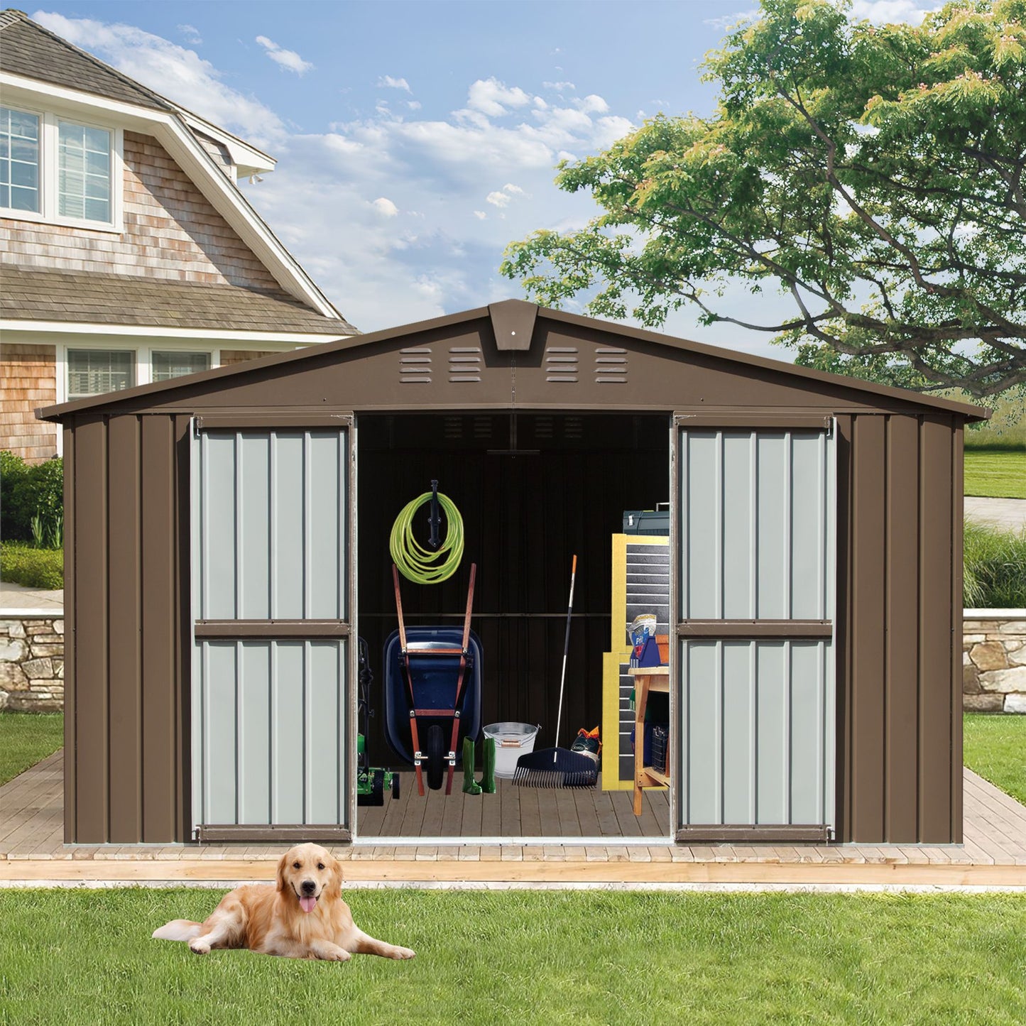 Backyard Storage Shed 11' x 12.5' with Galvanized Steel Frame & Windows, Outdoor Garden Shed Metal Utility Tool Storage  image 3